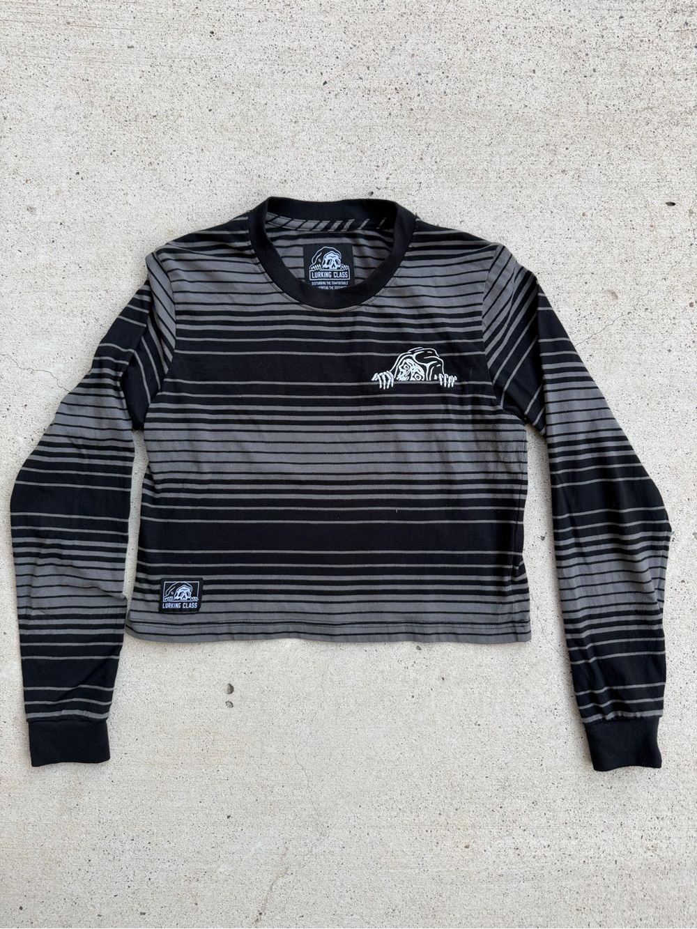Lurking Class Sketchy Tank Striped Crop Long Sleeve Tee Black Grey Women M